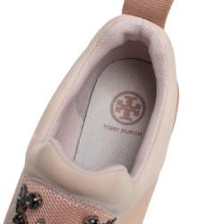 Pre Owned Tory Burch Beige Neoprene And Mesh Storm Cloud Crystal Embellished  Slip On Sneakers Size 40.5