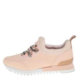 Pre Owned Tory Burch Beige Neoprene And Mesh Storm Cloud Crystal Embellished  Slip On Sneakers Size 40.5