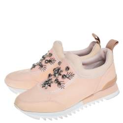 Pre Owned Tory Burch Beige Neoprene And Mesh Storm Cloud Crystal Embellished  Slip On Sneakers Size 40.5