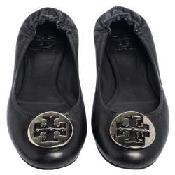 مملوكة مسبقًا Tory Burch Black Leather Reva Scrunch Ballet Flats Size 38
