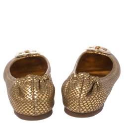 Pre Owned Tory Burch Metallic Gold Snakeskin Effect Leather Minnie Scrunch Ballet Flats Size 37