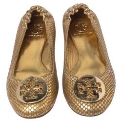Pre Owned Tory Burch Metallic Gold Snakeskin Effect Leather Minnie Scrunch Ballet Flats Size 37