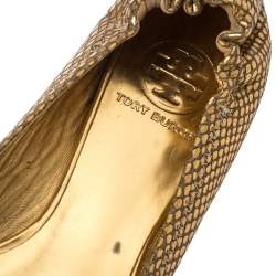 Pre Owned Tory Burch Metallic Gold Snakeskin Effect Leather Minnie Scrunch Ballet Flats Size 37
