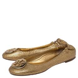 Pre Owned Tory Burch Metallic Gold Snakeskin Effect Leather Minnie Scrunch Ballet Flats Size 37