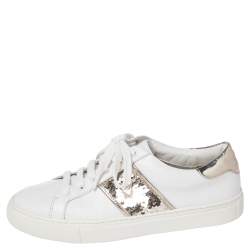 Pre Owned Tory Burch White/Gold Leather And Sequin Carter Sneakers Size 38.5