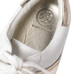 Pre Owned Tory Burch White/Gold Leather And Sequin Carter Sneakers Size 38.5