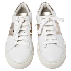 Pre Owned Tory Burch White/Gold Leather And Sequin Carter Sneakers Size 38.5