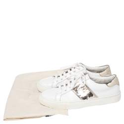 Pre Owned Tory Burch White/Gold Leather And Sequin Carter Sneakers Size 38.5