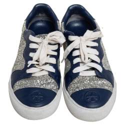 Pre Owned Tory Burch Blue/Silver Leather And Glitter Milo Low Top Sneakers Size 36