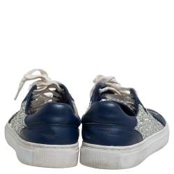 Pre Owned Tory Burch Blue/Silver Leather And Glitter Milo Low Top Sneakers Size 36