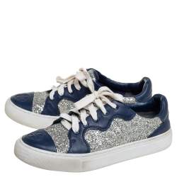 Pre Owned Tory Burch Blue/Silver Leather And Glitter Milo Low Top Sneakers Size 36