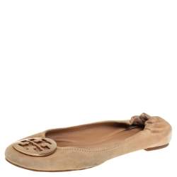 Tory Burch Beige Suede Reva Scrunch Ballet Flats Size 38.5