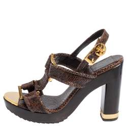 مملوكة مسبقًا Tory Burch Brown Python Embossed Leather Karmen T-Strap Clog Sandals Size 36