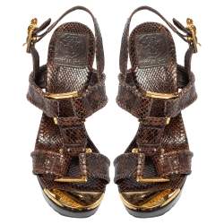 مملوكة مسبقًا Tory Burch Brown Python Embossed Leather Karmen T-Strap Clog Sandals Size 36