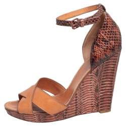 Tory Burch Brown Leather and Python Platform Wedge Ankle Strap Sandals Size 40