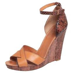Tory Burch Brown Leather and Python Platform Wedge Ankle Strap Sandals Size 40