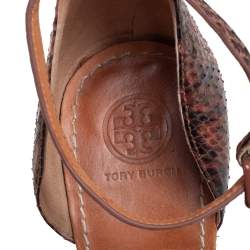 Tory Burch Brown Leather and Python Platform Wedge Ankle Strap Sandals Size 40