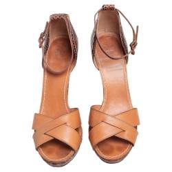 Tory Burch Brown Leather and Python Platform Wedge Ankle Strap Sandals Size 40
