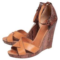 Tory Burch Brown Leather and Python Platform Wedge Ankle Strap Sandals Size 40