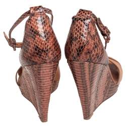 Tory Burch Brown Leather and Python Platform Wedge Ankle Strap Sandals Size 40