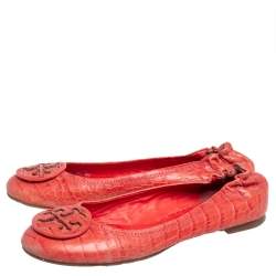 Tory Burch Orange Croc Embossed Leather Minnie Travel Ballet Flats Size 36