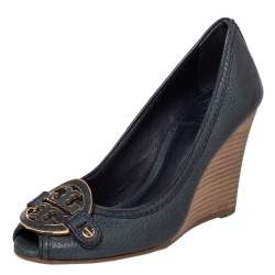 Pre Owned Tory Burch Green Leather Amanda Peep Toe Wedge Pumps Size 36