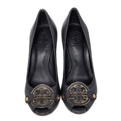 Pre Owned Tory Burch Green Leather Amanda Peep Toe Wedge Pumps Size 36