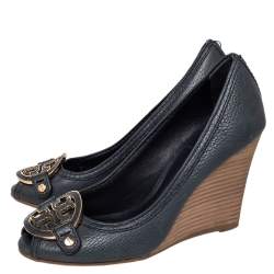 Pre Owned Tory Burch Green Leather Amanda Peep Toe Wedge Pumps Size 36