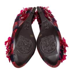 Tory Burch Red/Black Floral Print Satin Elmira Wedge Pumps Size 36.5