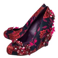 Tory Burch Red/Black Floral Print Satin Elmira Wedge Pumps Size 36.5