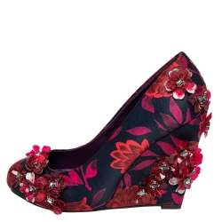 Tory Burch Red/Black Floral Print Satin Elmira Wedge Pumps Size 36.5