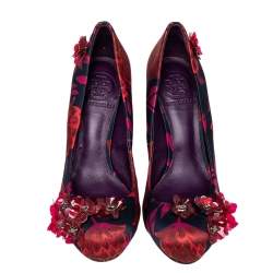 Tory Burch Red/Black Floral Print Satin Elmira Wedge Pumps Size 36.5