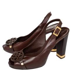 Pre Owned Tory Burch Brown Leather Kaden Peep Toe Slingback Sandals Size 38.5