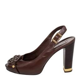 Pre Owned Tory Burch Brown Leather Kaden Peep Toe Slingback Sandals Size 38.5