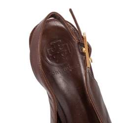 Pre Owned Tory Burch Brown Leather Kaden Peep Toe Slingback Sandals Size 38.5