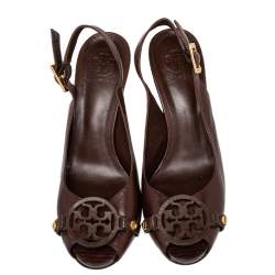 Pre Owned Tory Burch Brown Leather Kaden Peep Toe Slingback Sandals Size 38.5