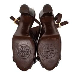 Pre Owned Tory Burch Brown Leather Kaden Peep Toe Slingback Sandals Size 38.5