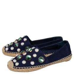 مملوكة مسبقًا حذاء فلات إسبادريل توري برش فايل كانفاس أزرق كحلي مزخرف كريستال مقاس 38