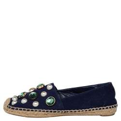 مملوكة مسبقًا حذاء فلات إسبادريل توري برش فايل كانفاس أزرق كحلي مزخرف كريستال مقاس 38