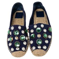 مملوكة مسبقًا حذاء فلات إسبادريل توري برش فايل كانفاس  أزرق كحلي مزخرف كريستال مقاس 38