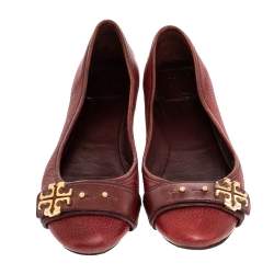 Pre Owned Tory Burch Red Leather Elina Ballet Flats Size 38.5