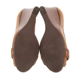 Pre Owned Tory Burch Brown Leather Peep Toe Wedge Pumps Size 37.5