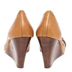 Pre Owned Tory Burch Brown Leather Peep Toe Wedge Pumps Size 37.5