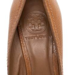 Pre Owned Tory Burch Brown Leather Peep Toe Wedge Pumps Size 37.5