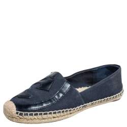 Pre Owned Tory Burch Blue Canvas And Blue Patent Leather Logo Lonnie Espadrilles Flats Size 37