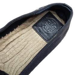 Pre Owned Tory Burch Blue Canvas And Blue Patent Leather Logo Lonnie Espadrilles Flats Size 37