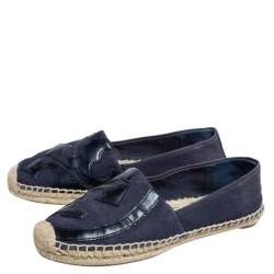 Pre Owned Tory Burch Blue Canvas And Blue Patent Leather Logo Lonnie Espadrilles Flats Size 37