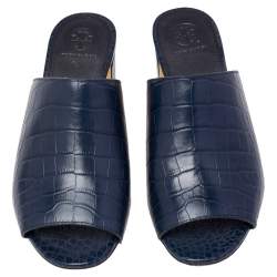 مملوكة مسبقًا صندل سلايد توري برش مارتين جلد نقشة التمساح أزرق كعب سميك مقاس 37