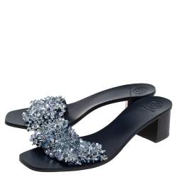 Pre Owned صندل سلايد توري برش ساتان أزرق كحلي مزخرف خرز كعب سميك مقاس 40