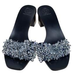 Pre Owned صندل سلايد توري برش ساتان أزرق كحلي مزخرف خرز كعب سميك مقاس 40